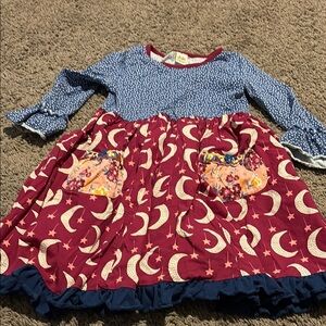 Wildflowers Blue and Red Dress with Ruffled Sleeves and Celestial Skirt